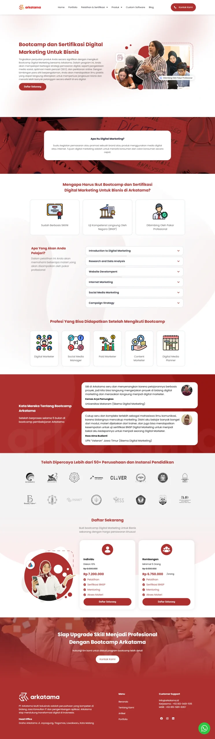 Arkatama bootcamp page developed with WordPress and Elementor featuring a responsive learning platform design