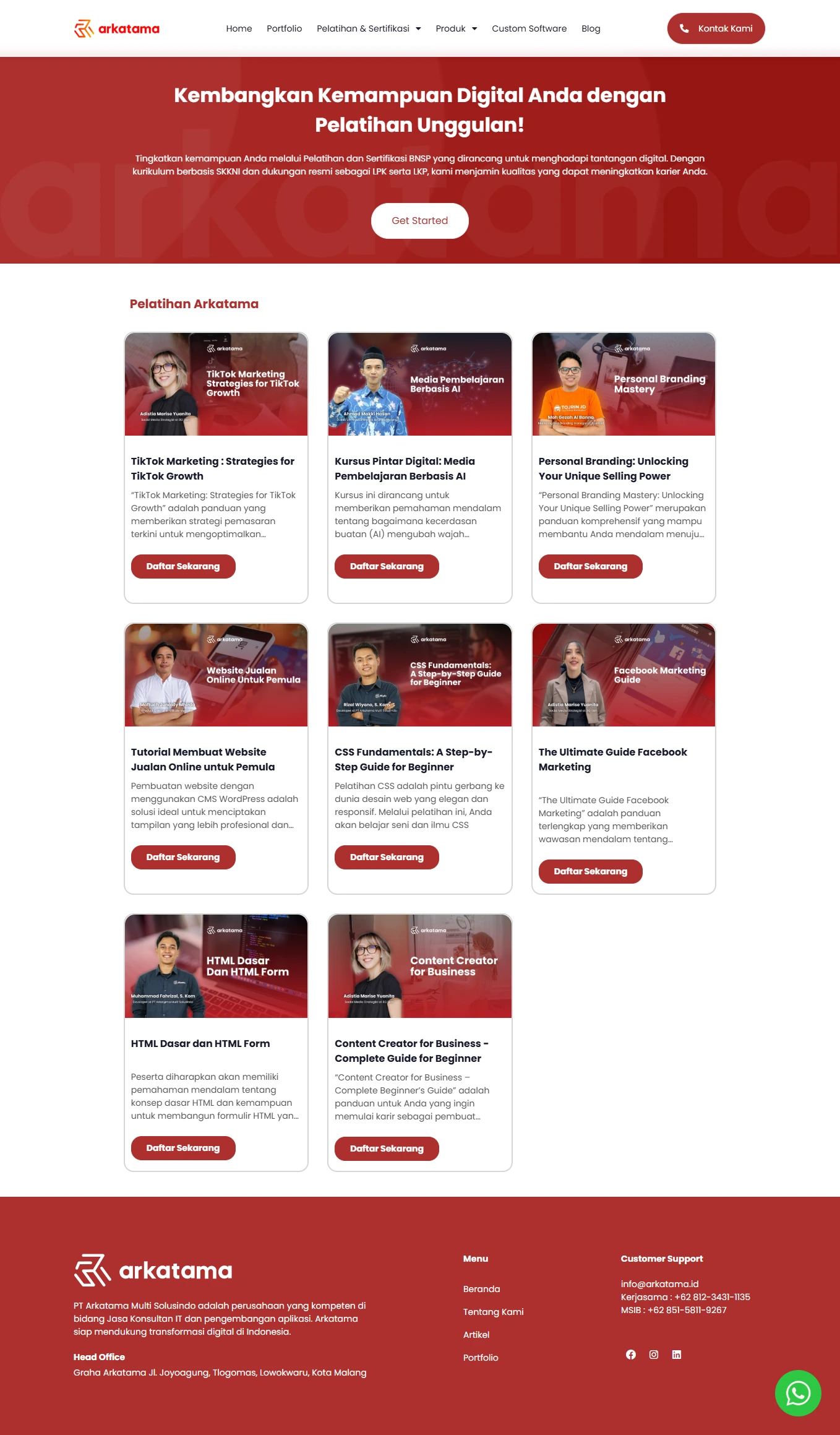 Arkatama training page developed with WordPress and Elementor featuring a responsive and user-friendly course layout
