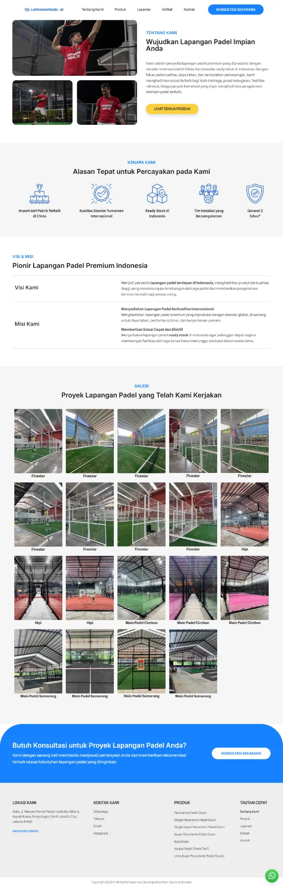 Padel court supplier website development about page layout