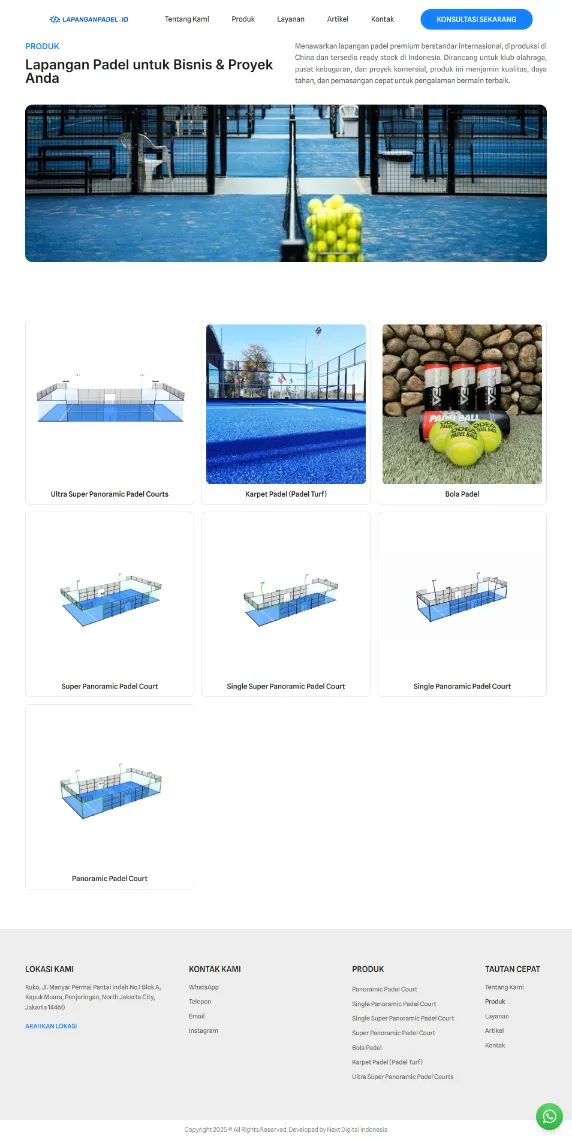 Padel court supplier website development product catalog