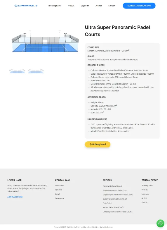 Padel court supplier website development product detail